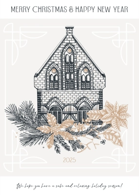 Merry Christmas card design. New Year flyer template. Architecture sketch. Winter decoration. Hand-drawn floral illustration. Floral art. NOT AI generated